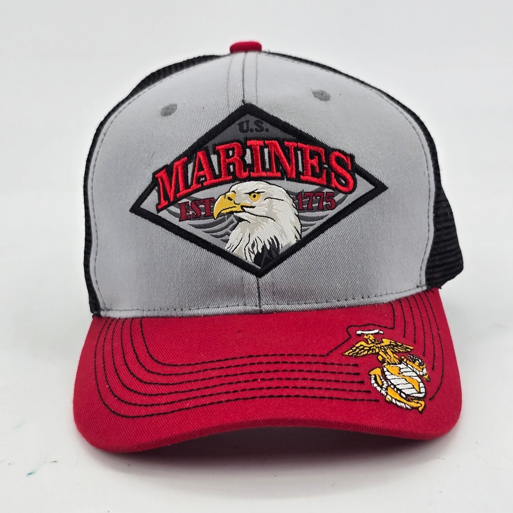 CSI US Marines Hat Mens OSFM Trucker Hat Gray Red Eagle Snapback Mesh Cap
